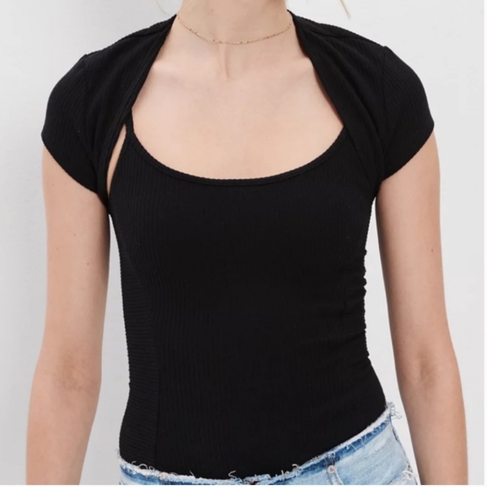 AE American Eagle Womens Black Ribbed shrug and cami bodysuit Large